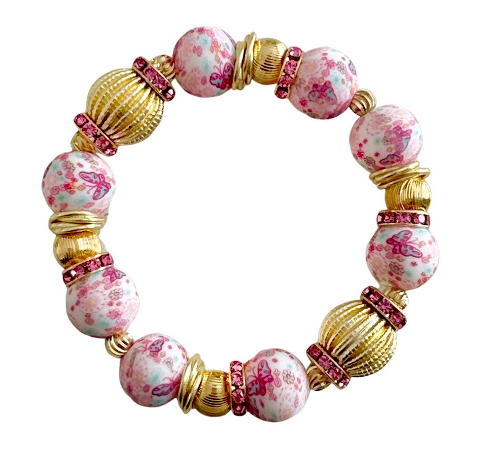 PASTEL FLOWER AND CORRUGATED GOLD BANGLE WITH  GOLD AND CZ BANGLE
