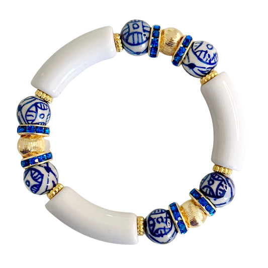 WHITE AND PORCELAIN LINK BANGLE WITH CZ AND GOLD ACCENTS