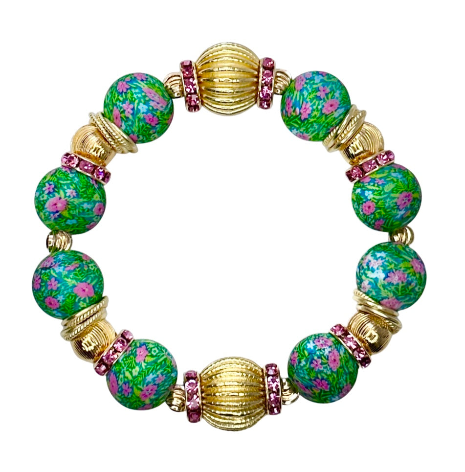 DARK GREEN AND PINK FLORAL AND CORRUGATED GOLD BANGLE WITH  GOLD AND CZ BANGLE
