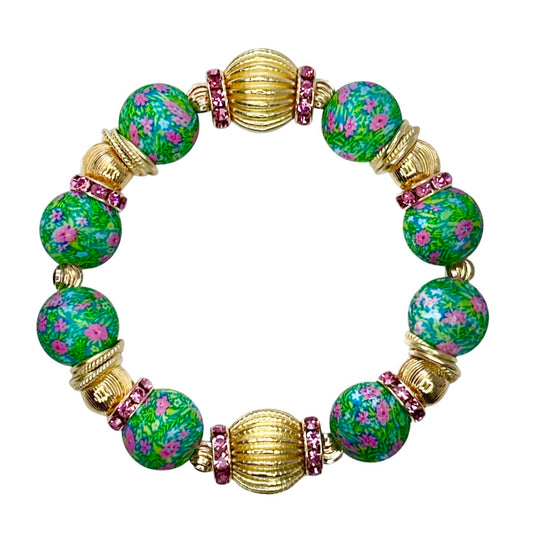 DARK GREEN AND PINK FLORAL AND CORRUGATED GOLD BANGLE WITH  GOLD AND CZ BANGLE