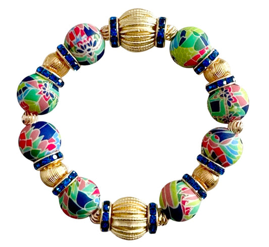 BLUE AND GREEN GEOMETRIC AND CORRUGATED GOLD BANGLE WITH  GOLD AND CZ BANGLE