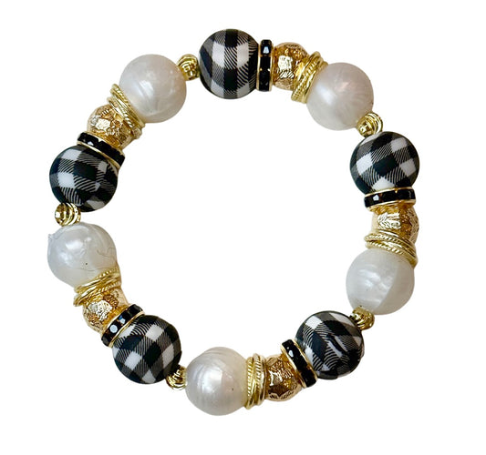 BLACK GINGHAM BANGLE WITH GOLD ACCENTS
