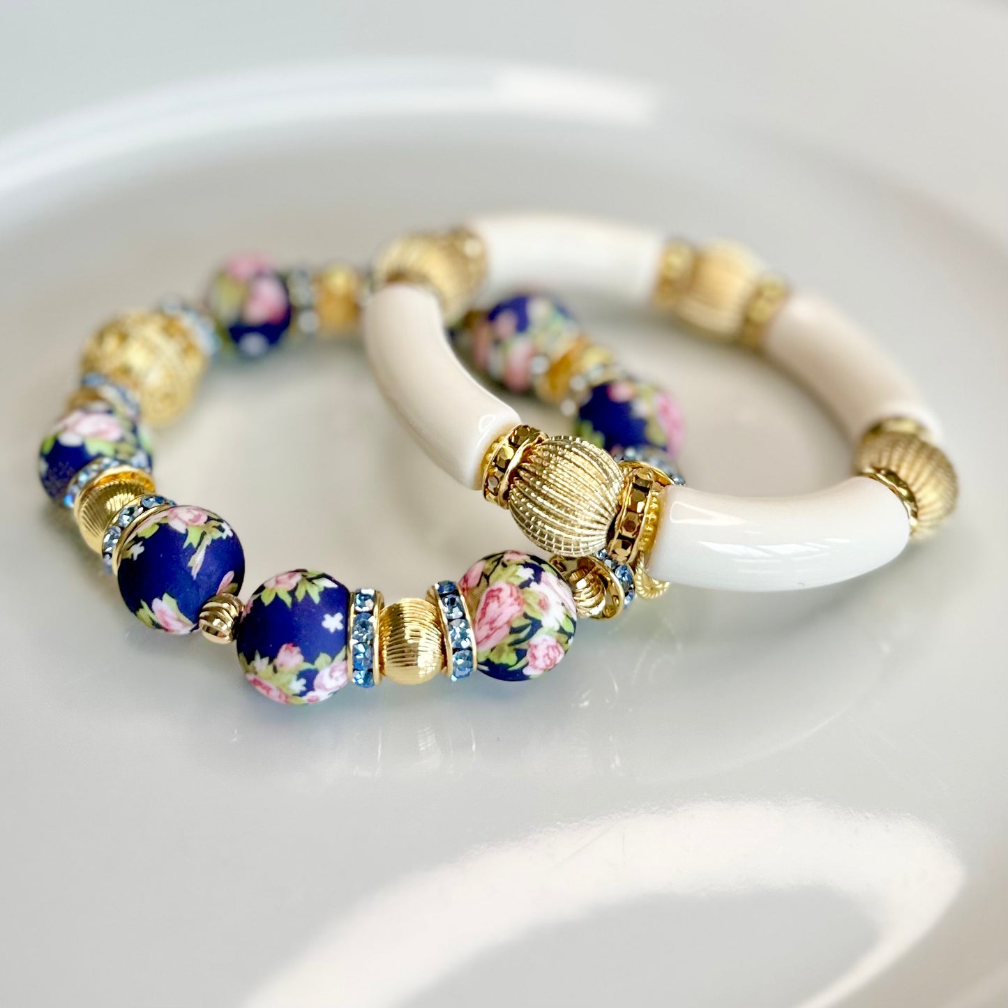 NAVY BLUE FLOWER AND TEXTURED SWIRL GOLD BANGLE WITH  GOLD AND CZ BANGLE