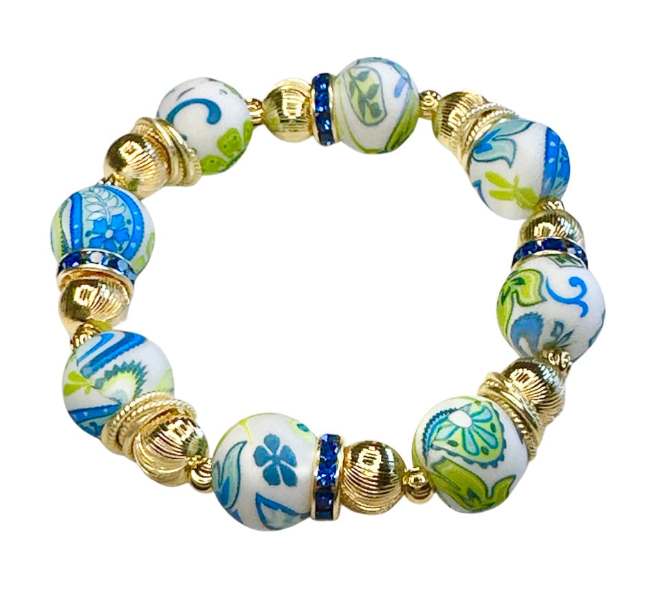 BLUE AND GREEN PAISLEY QUILT PATTERN BANGLE WITH  GOLD AND CZ BANGLE