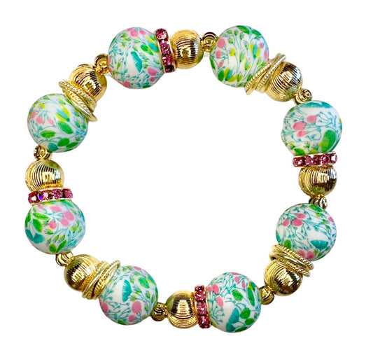 PINK AND GREEN FLORAL BANGLE WITH  GOLD AND CZ BANGLE