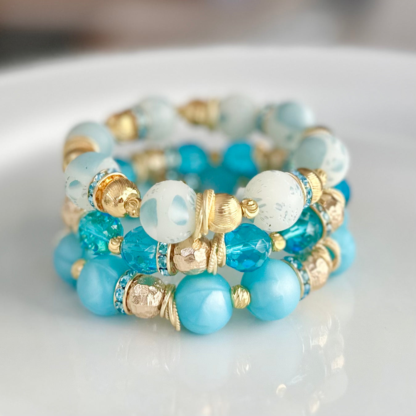 LIGHT BLUE TURQUOISE BUBBLE BANGLE WITH  GOLD AND CZ BANGLE