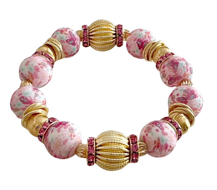 PASTEL FLOWER AND CORRUGATED GOLD BANGLE WITH  GOLD AND CZ BANGLE