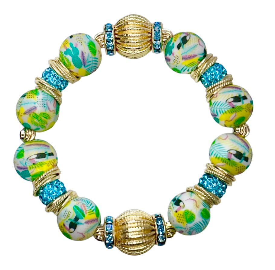 PALM BEACH PARROT PATTERN AND CORRUGATED GOLD BANGLE WITH  GOLD AND CZ BANGLE