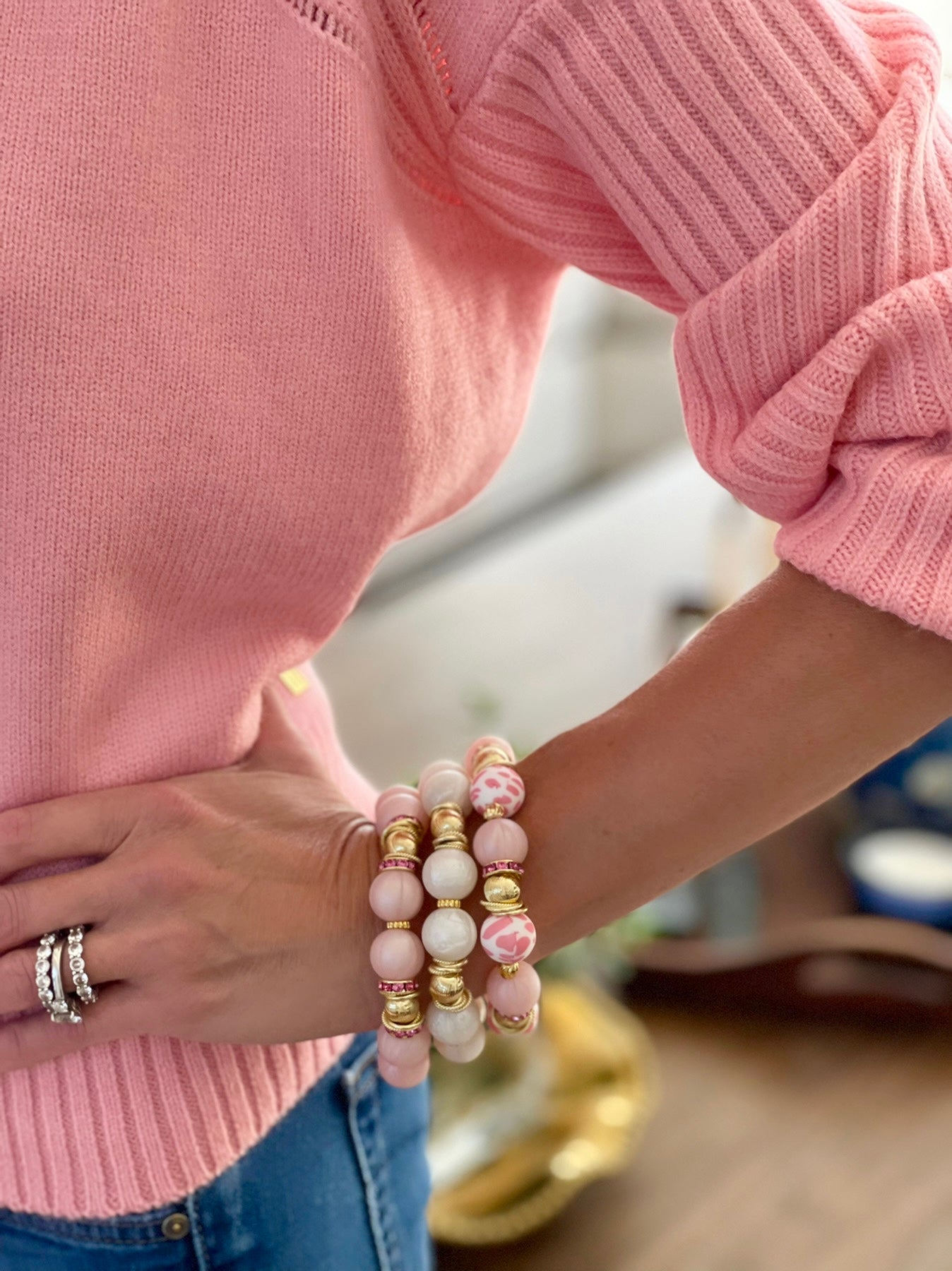 PEARLIZED LIGHT PINK AND GOLD BANGLE WITH CZ ACCENTS