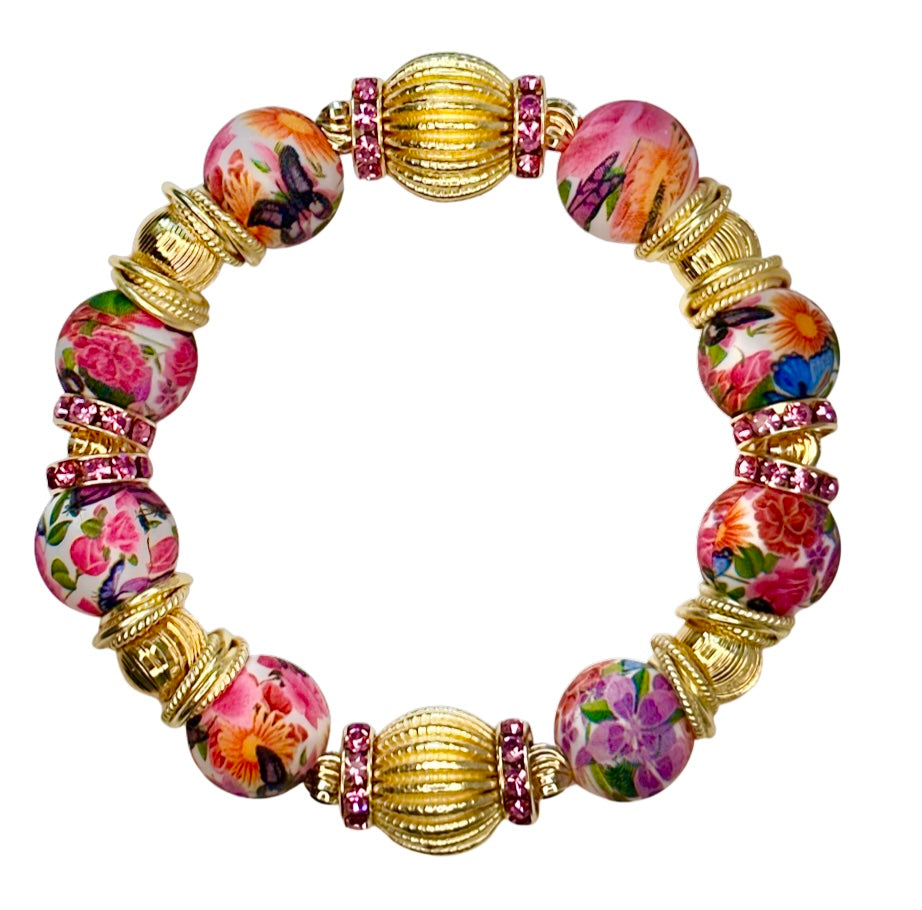 FLORAL AND BUTTERFLY AND CORRUGATED GOLD BANGLE WITH  GOLD AND CZ BANGLE