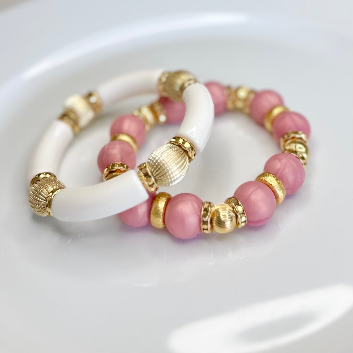 PEARLIZED ROSE PINK AND GOLD BANGLE WITH CZ ACCENTS