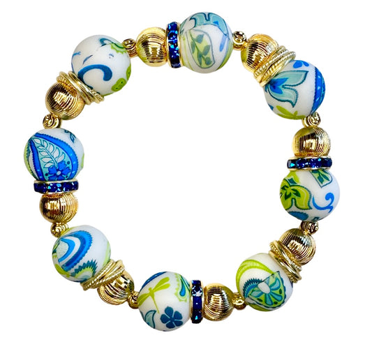 BLUE AND GREEN PAISLEY QUILT PATTERN BANGLE WITH  GOLD AND CZ BANGLE
