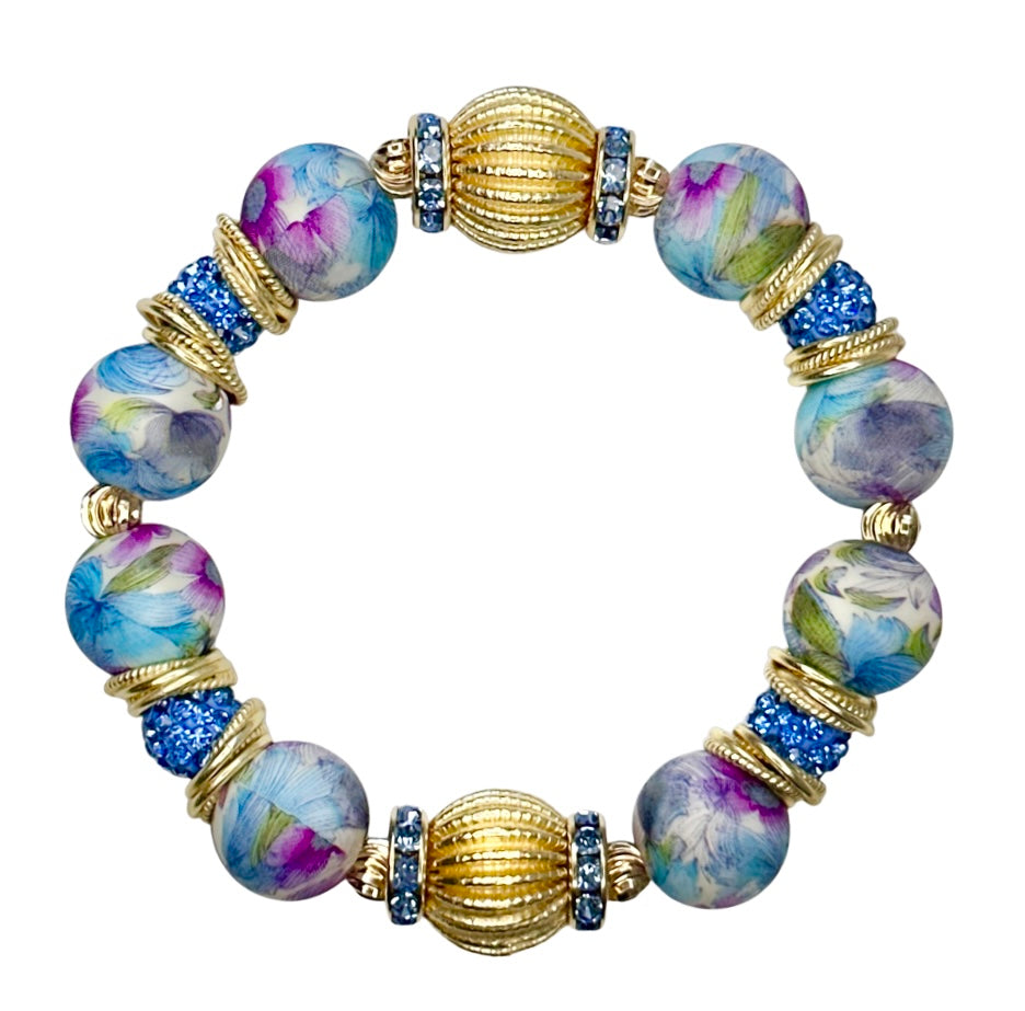 LIGHT BLUE AND PURPLE FLORAL AND CORRUGATED GOLD BANGLE WITH  GOLD AND CZ BANGLE